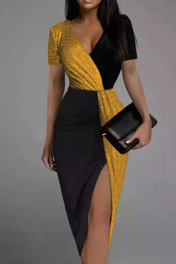 Amarelo sexy sólido retalhos assimétricos com decote em V vestidos de saia de um passo