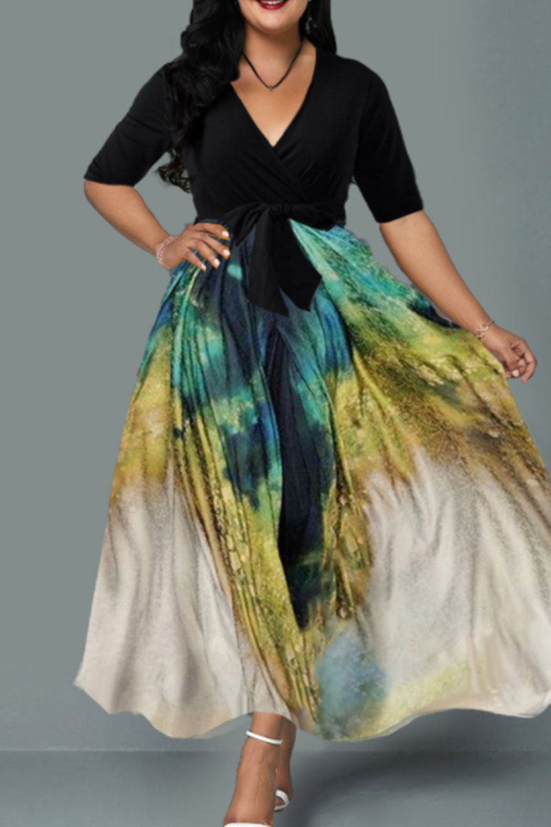 

Black Fashion Casual Print Split Joint With Belt V Neck Long Dress