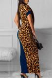 Коричневое модное повседневное платье с леопардовым принтом и круглым вырезом в стиле пэчворк с коротким рукавом