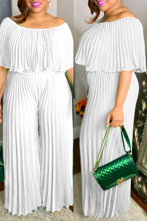 White Fashion Casual Solid Patchwork Fold O Neck Plus Size Jumpsuits