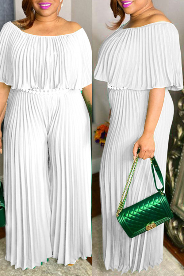 Macacão branco fashion casual sólido patchwork com dobra no pescoço e macacão plus size