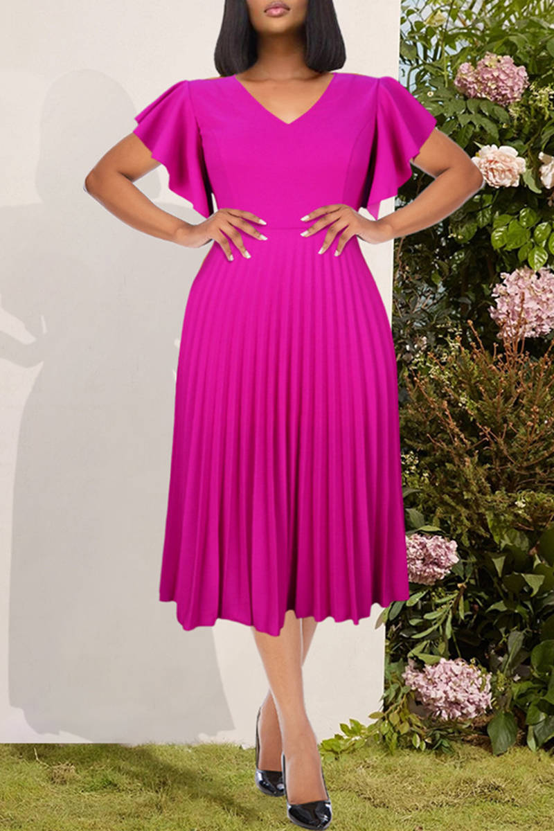 

Purple Fashion Casual Solid Split Joint V Neck Pleated Dresses