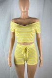Shallow Yellow Fashion Casual Striped Print Basic V Neck Short Sleeve Two Pieces