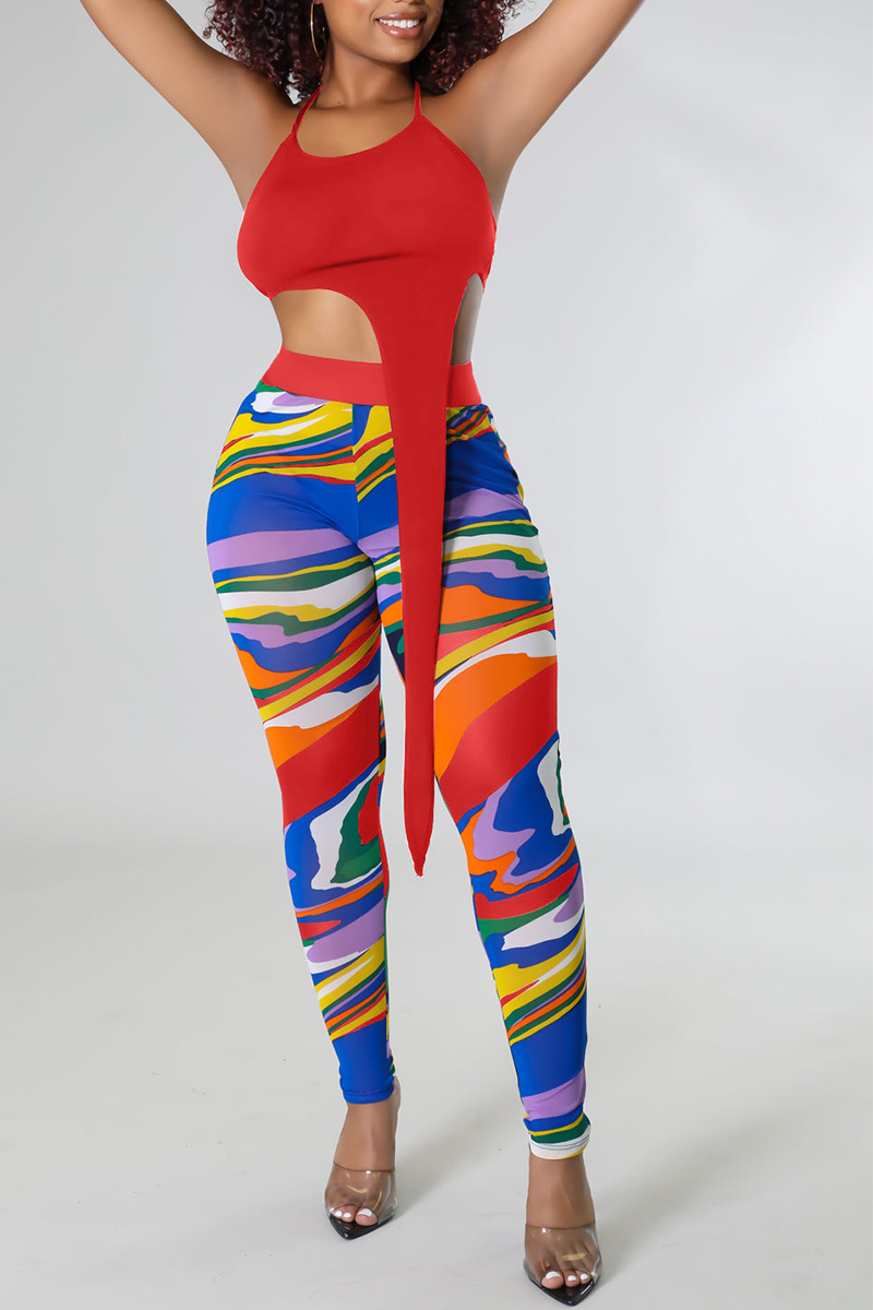 

Red Sexy Print Split Joint Halter Sleeveless Two Pieces
