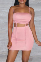 Pink Sexy Solid Patchwork Draw String Fold Spaghetti Strap Two Pieces