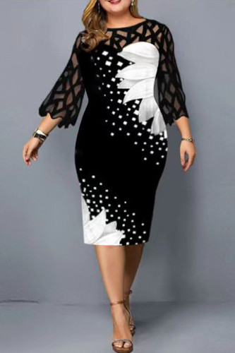 White Fashion Casual Print Lace Patchwork O Neck Printed Dress Plus Size Dresses