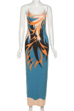 Vestido longo azul fashion com estampa sexy sem costas alça de espaguete