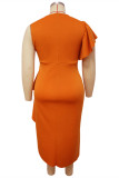 Оранжевое модное повседневное однотонное лоскутное платье с круглым вырезом больших размеров (без пояса)