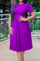 Фиолетовое модное повседневное однотонное лоскутное платье с круглым вырезом и коротким рукавом