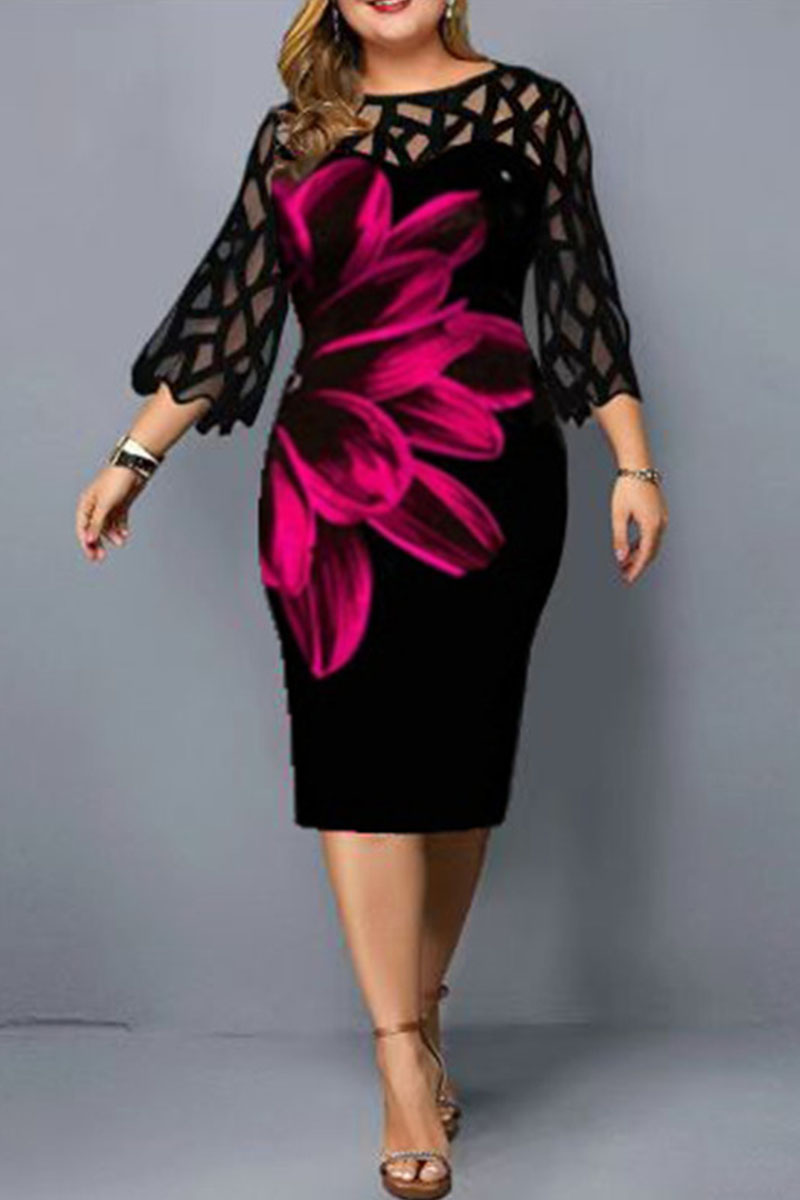 

Fuchsia Fashion Casual Print Lace Split Joint O Neck Printed Dress Plus Size Dresses