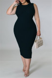 ブラック ファッション カジュアル プラス サイズ ソリッド パッチワーク O ネック ノースリーブ ドレス