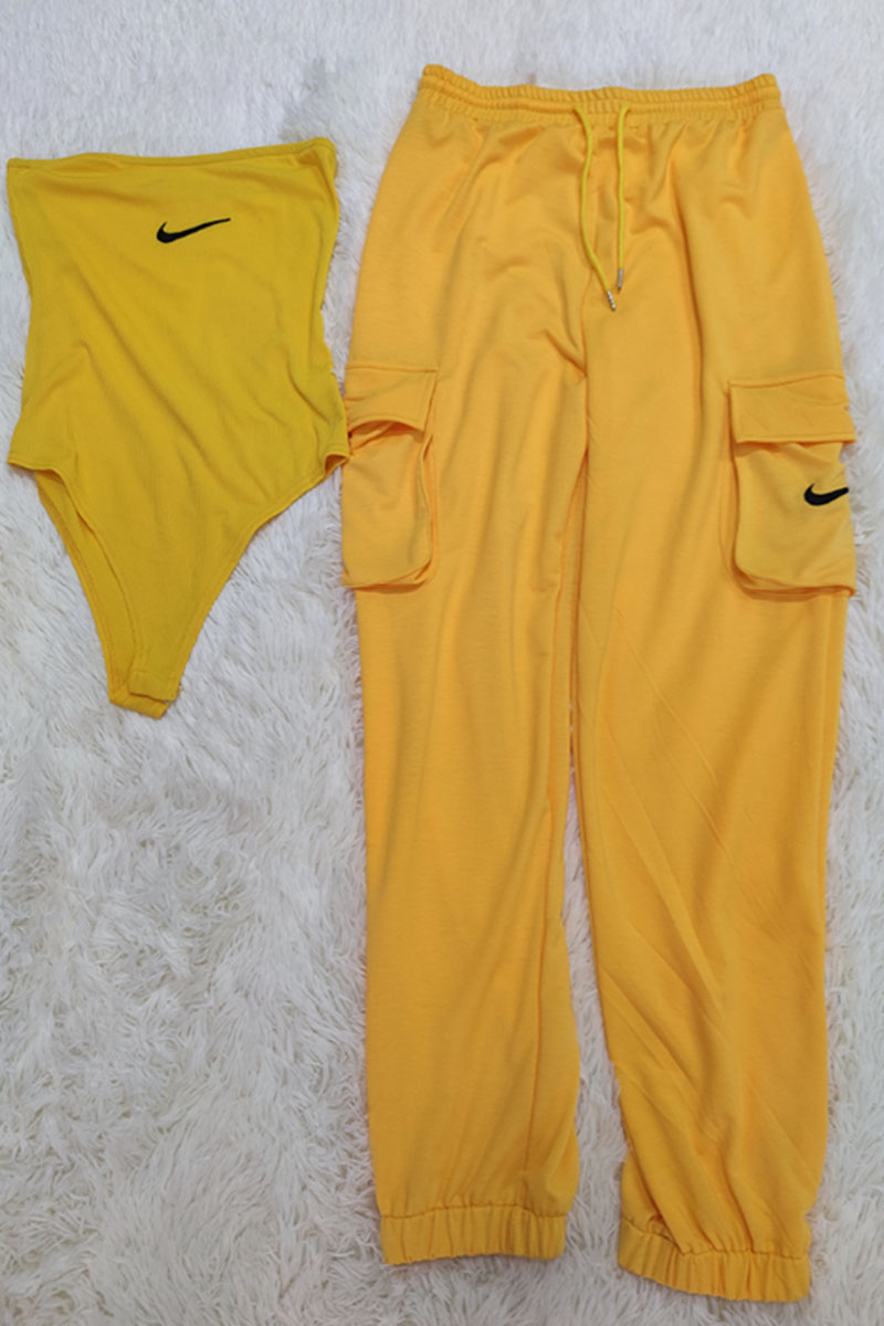 

Yellow Fashion Sexy Solid Split Joint Strapless Sleeveless Two Pieces
