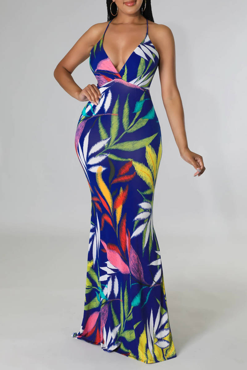 

Blue Fashion Sexy Print Backless Cross Straps Spaghetti Strap Long Dress