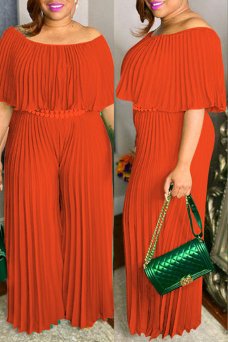 Orange Fashion Casual Solid Split Joint Fold O Neck Plus Size Jumpsuits