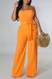 Yellow Sexy Solid Patchwork With Belt Strapless Straight Jumpsuits
