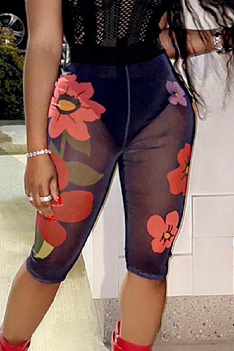 

Black Sexy Print Split Joint See-through High Waist Pencil Full Print Bottoms