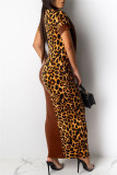 Abito a maniche corte con scollo a O patchwork leopardato stampa casual moda marrone