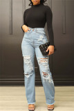 Jeans dritti in denim a vita alta strappati casual alla moda di colore chiaro