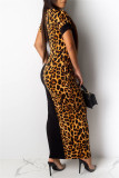 Bruine mode casual print luipaard patchwork jurk met korte mouwen en O-hals