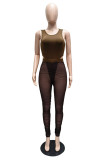 Coffee Fashion Sexy Solid See-through O Neck Sleeveless Two Pieces