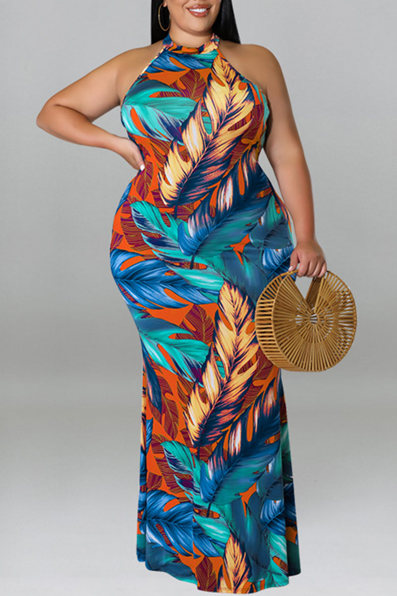 

Orange Yellow Sexy Print Hollowed Out Split Joint O Neck One Step Skirt Plus Size Dresses