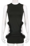 Черные сексуальные однотонные выдолбленные лоскутные платья-юбка-карандаш с перьями и круглым вырезом