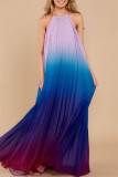 レッドファッションカジュアル段階的変更プリント背中の開いたホルターノースリーブドレス