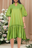 ライト グリーン ファッション カジュアル パッチワーク V ネック プリーツ ドレス