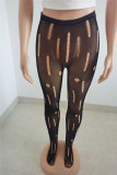 Black Fashion Sexy Solid Ripped Hollowed Out See-through Skinny High Waist Pencil Trousers