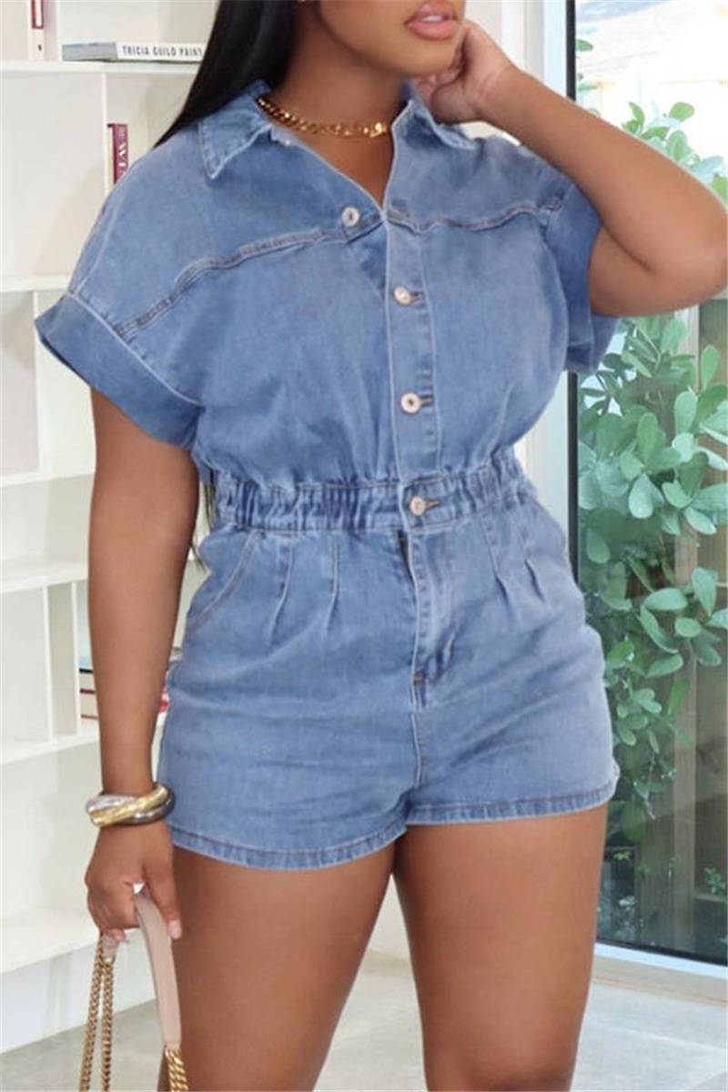 

Light Blue Fashion Casual Solid Split Joint Turndown Collar Short Sleeve Regular Denim Romper