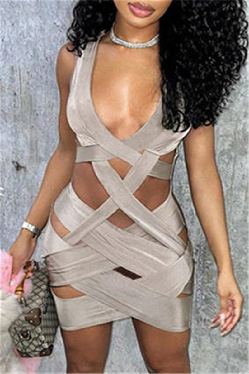 

Grey Fashion Sexy Solid Hollowed Out V Neck Vest Dress