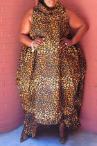 Vestido com estampa de leopardo moda casual estampa assimétrica gola alta sem mangas vestidos plus size