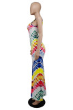 Mehrfarbiges Mode-reizvolles Druck-langes Kleid mit Schlitz und O-Ausschnitt