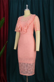Розовое модное повседневное однотонное лоскутное прозрачное платье с коротким рукавом и круглым вырезом