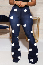 Dark Blue Fashion Casual Love Print Basic High Waist Regular Flare Leg Denim Jeans