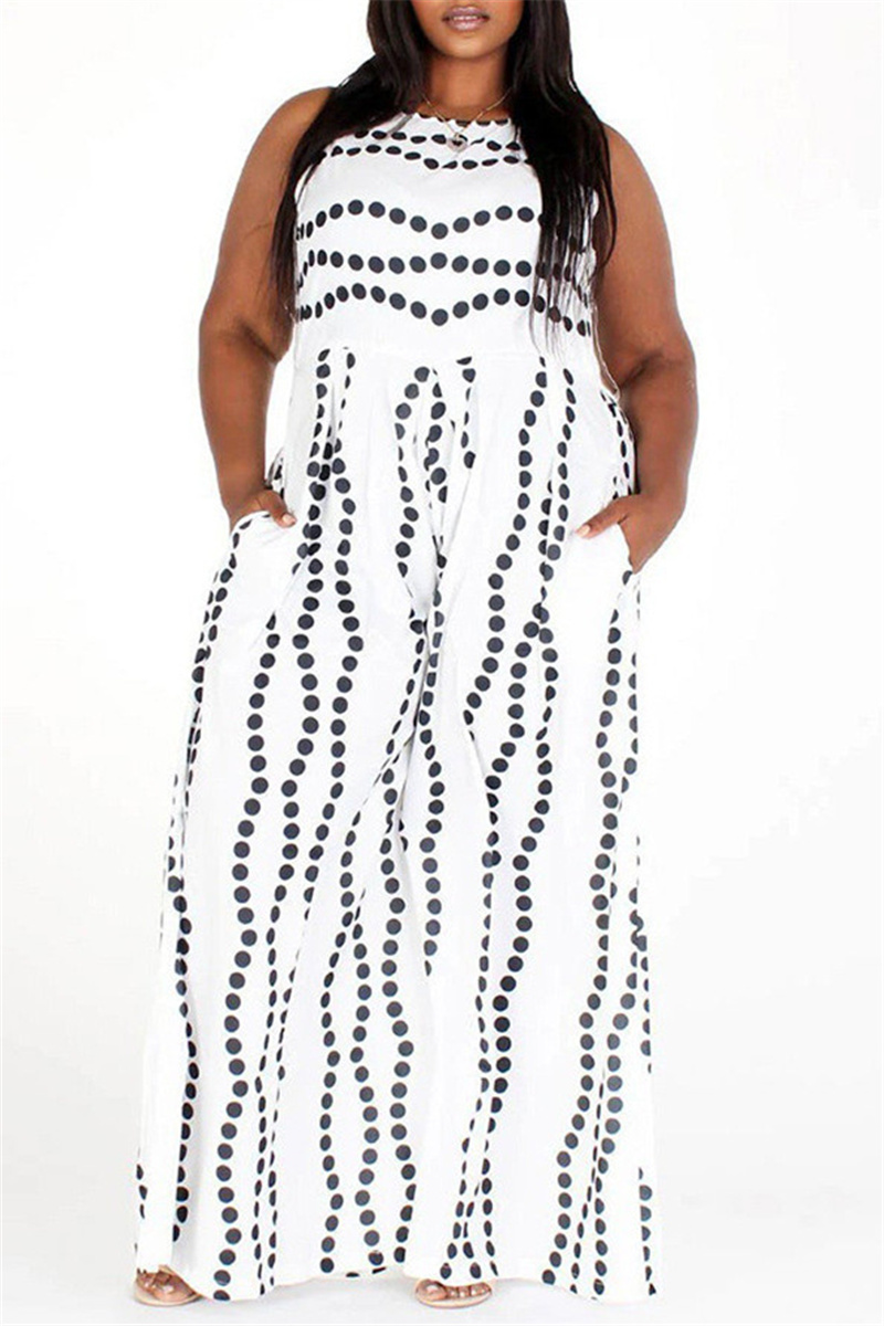 

White Fashion Casual Print Basic O Neck Plus Size Jumpsuits