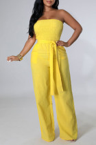 Yellow Sexy Solid Split Joint With Belt Strapless Straight Jumpsuits