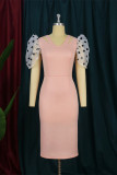 ピンクのファッションカジュアルドットは古いスリットVネック半袖ドレスを作ります