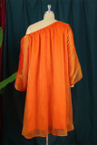 Oranje mode casual effen patchwork vouw schuine kraag jurken met lange mouwen