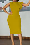Желтые модные повседневные однотонные лоскутные платья-юбка-карандаш с разрезом и круглым вырезом