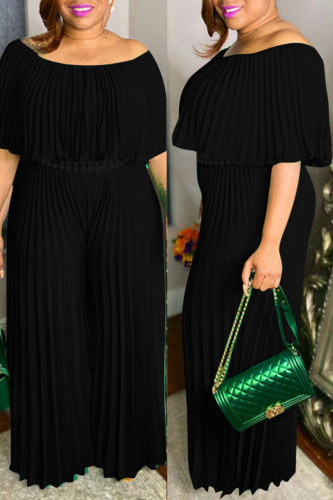 Black Fashion Casual Solid Patchwork Fold O Neck Plus Size Jumpsuits