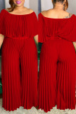 Red Fashion Casual Solid Patchwork Fold O Neck Plus Size Jumpsuits