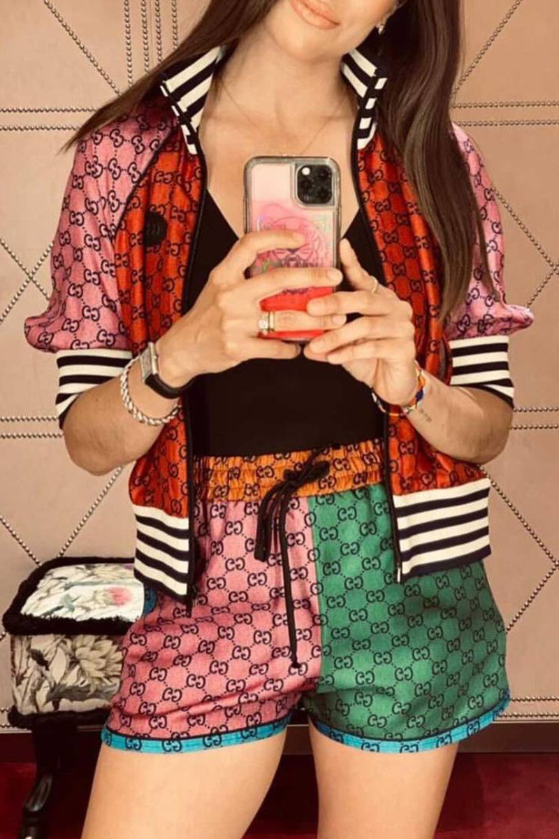 

Colour Fashion Street Print Split Joint Mandarin Collar Short Sleeve Two Pieces