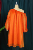 オレンジ ファッション カジュアル ソリッド パッチワーク フォールド オブリーク カラー ロング スリーブ ドレス