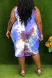 Blue Fashion Casual Print Tie-dye Asymmetrical O Neck Vest Dress Plus Size Dresses