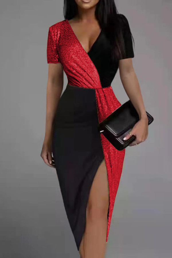 Vestidos de falda de un paso con cuello en V asimétrico de retazos lisos sexy rojo