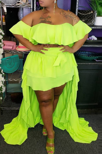 Green Yellow Sexy Casual Solid Patchwork Backless Off the Shoulder Plus Size Two Pieces