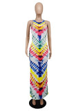 Mehrfarbiges Mode-reizvolles Druck-langes Kleid mit Schlitz und O-Ausschnitt