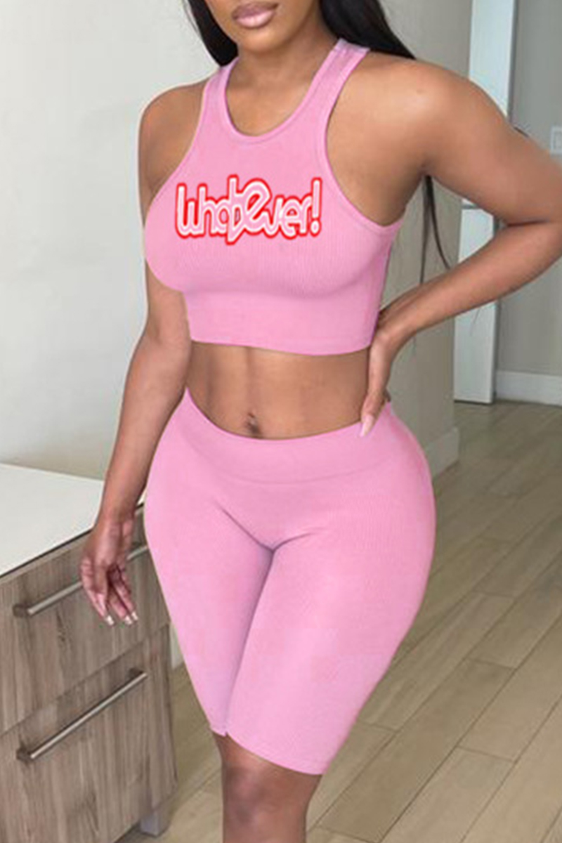 

Pink Fashion Casual Print Basic O Neck Sleeveless Two Pieces