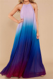 Blue Fashion Casual Gradual Change Print Backless Halter Sleeveless Dress